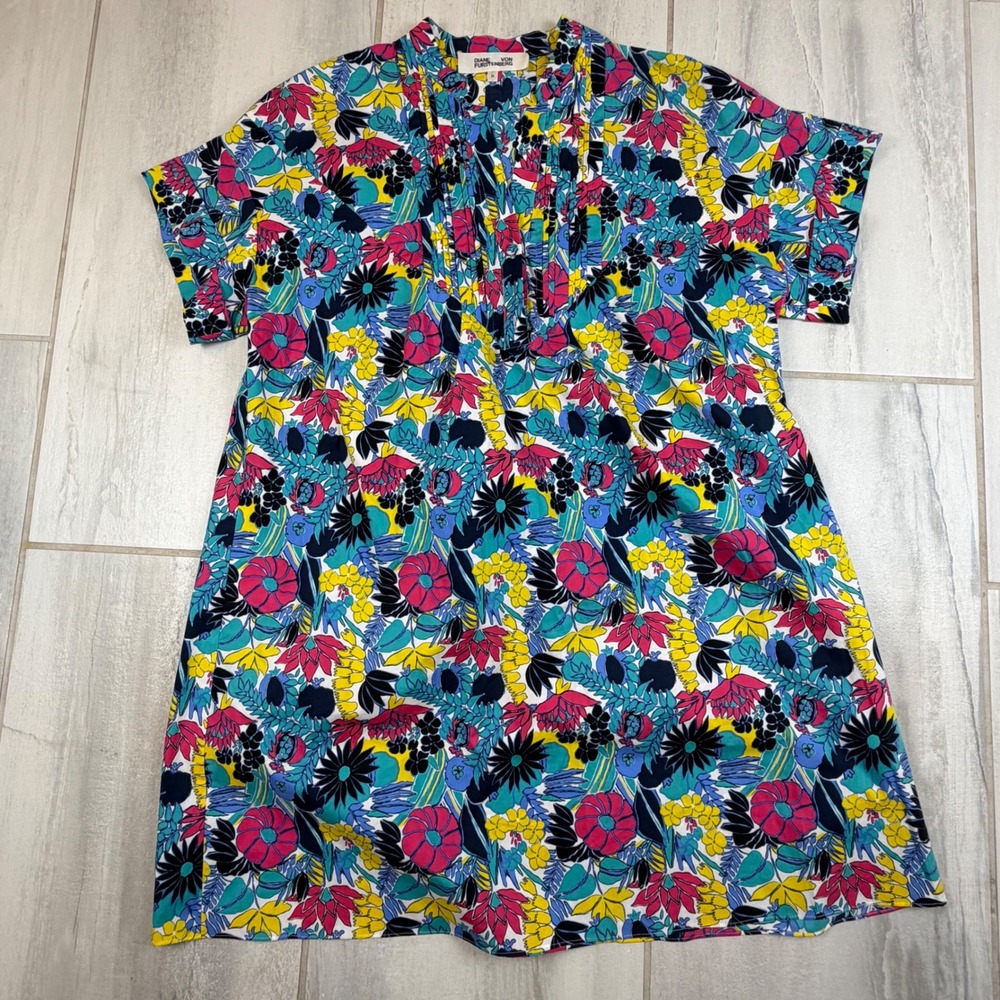Diane von Furstenberg DVF Floral Pleated Bib Shift Dress Multi‎ DS1R008 Womens M